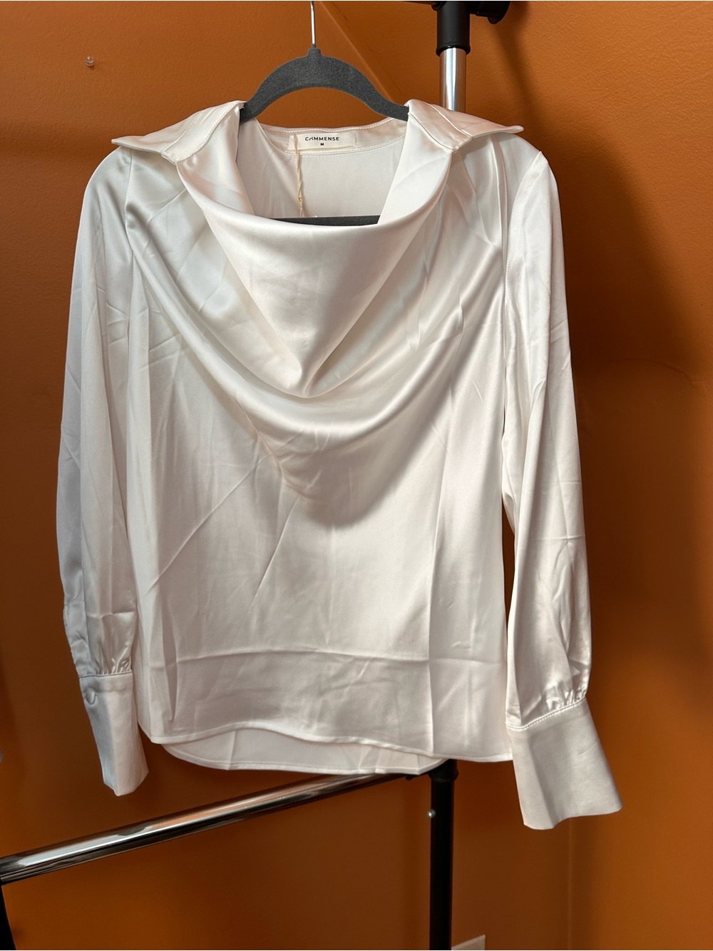 Commense White Satin Draped Collar Blouse